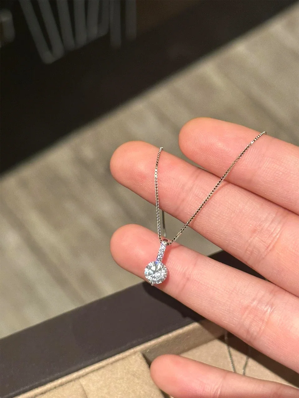 Delicate Round Crystal 925 Sterling Silver Box Chain Necklace - Silver