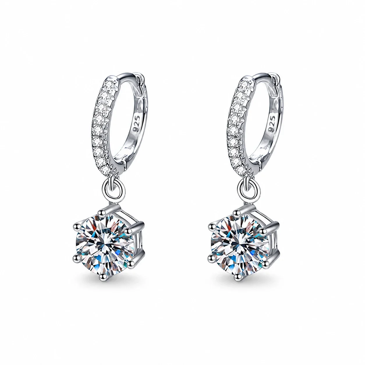 Refined Pavé Hoop 925 Sterling Silver Six-Prong Drop Earrings