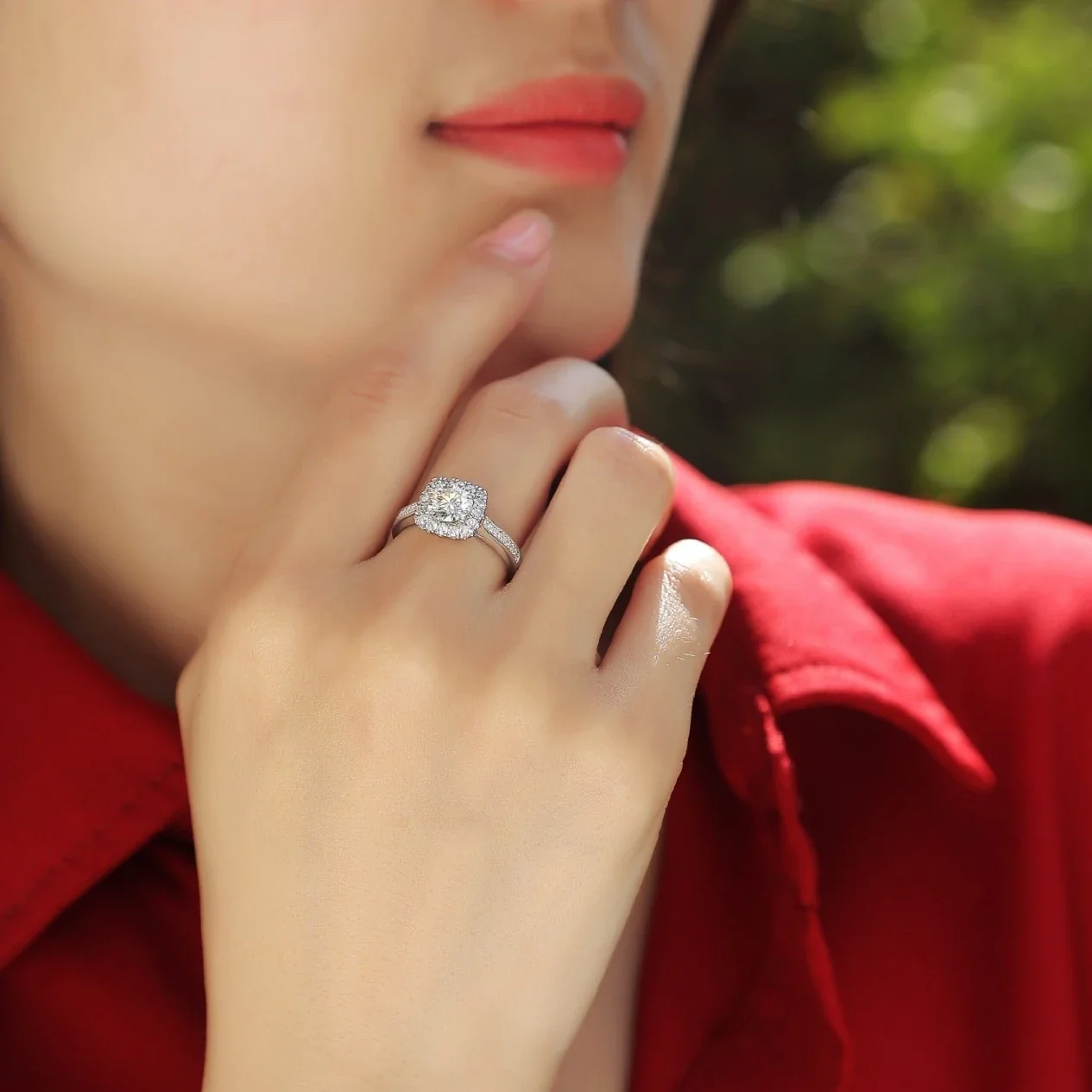 Cushion Halo 925 Sterling Silver Pavé Moissanite Ring