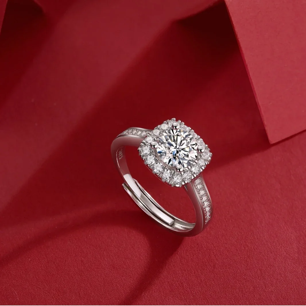 Cushion Halo 925 Sterling Silver Pavé Moissanite Ring