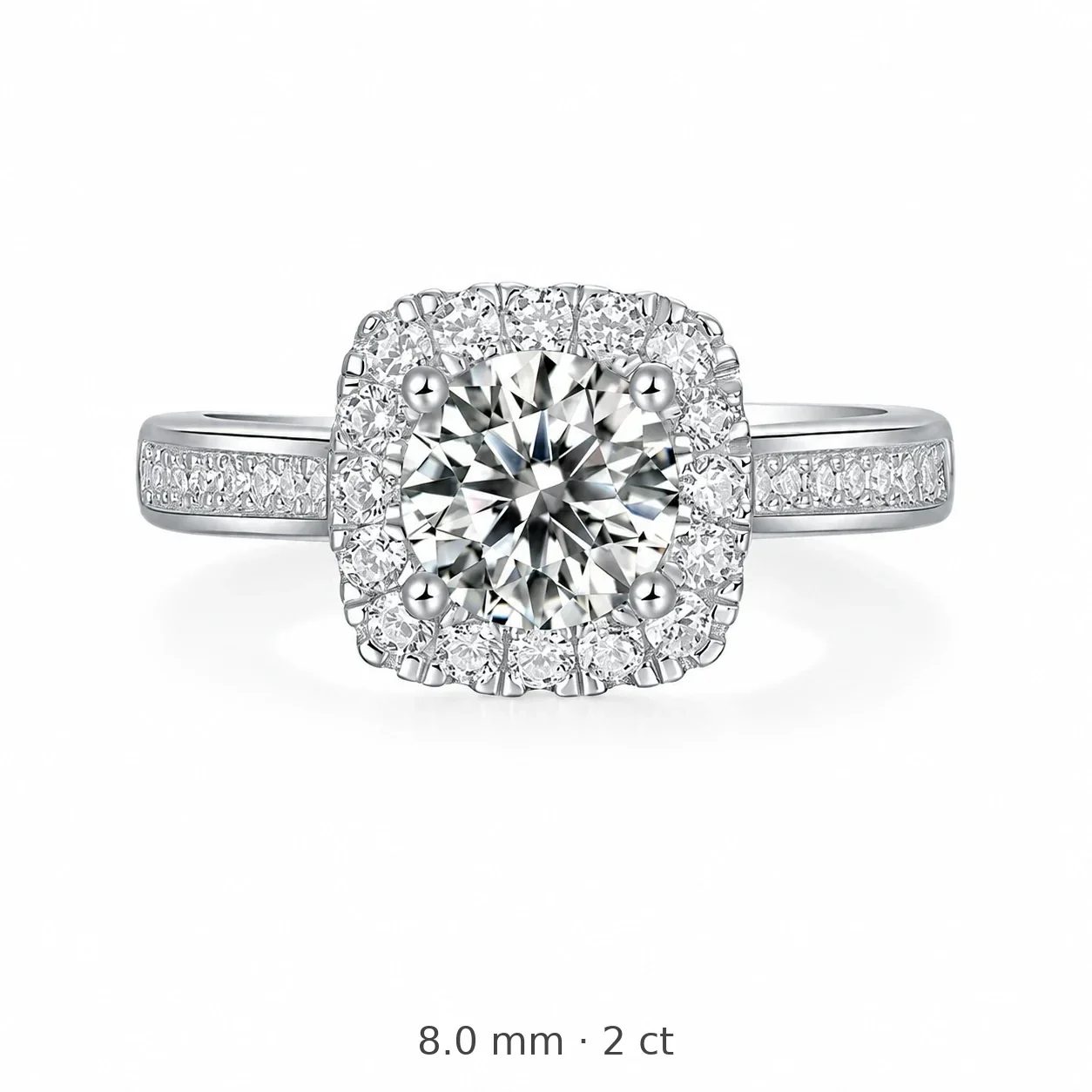 Cushion Halo 925 Sterling Silver Pavé Moissanite Ring - 8.0 mm 2 ct Moissanite