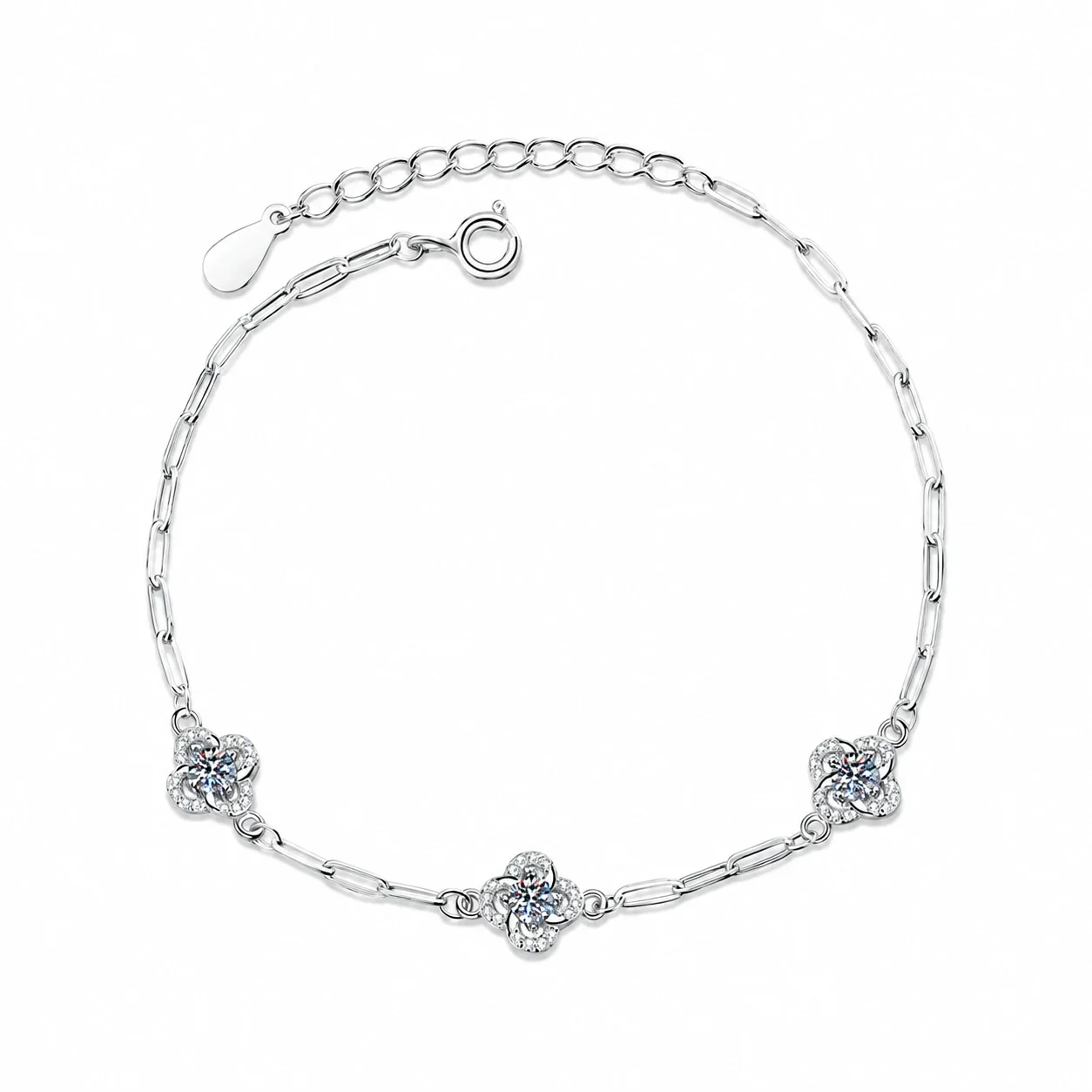 Three Clover 925 Sterling Silver Moissanite Link Bracelet