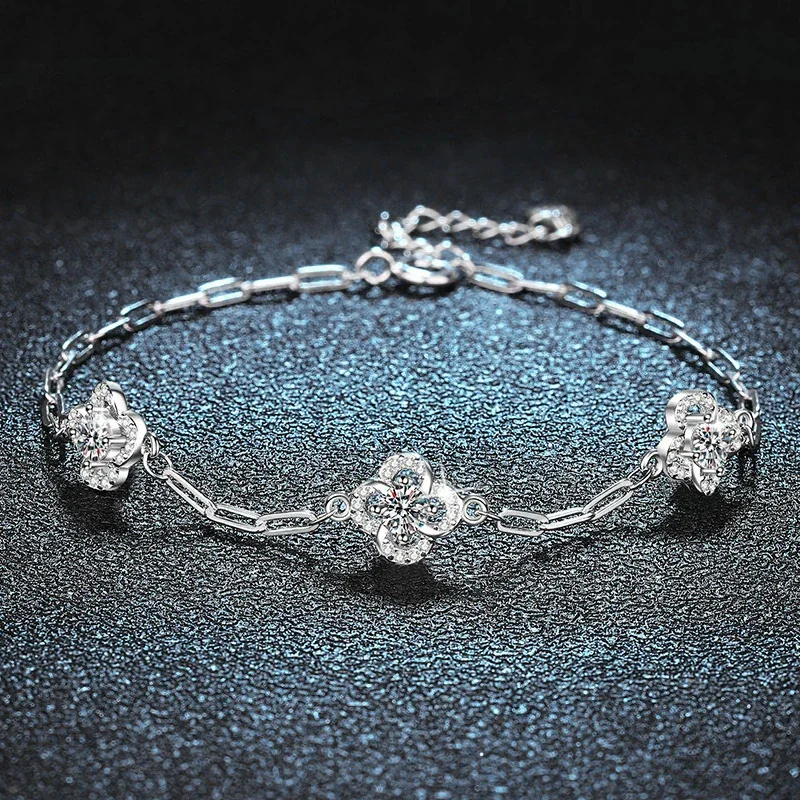 Three Clover 925 Sterling Silver Moissanite Link Bracelet