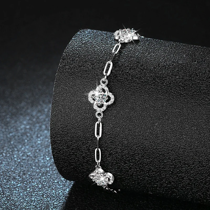 Three Clover 925 Sterling Silver Moissanite Link Bracelet