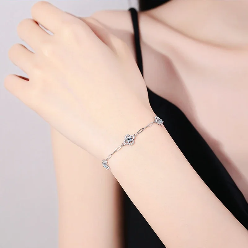 Three Clover 925 Sterling Silver Moissanite Link Bracelet