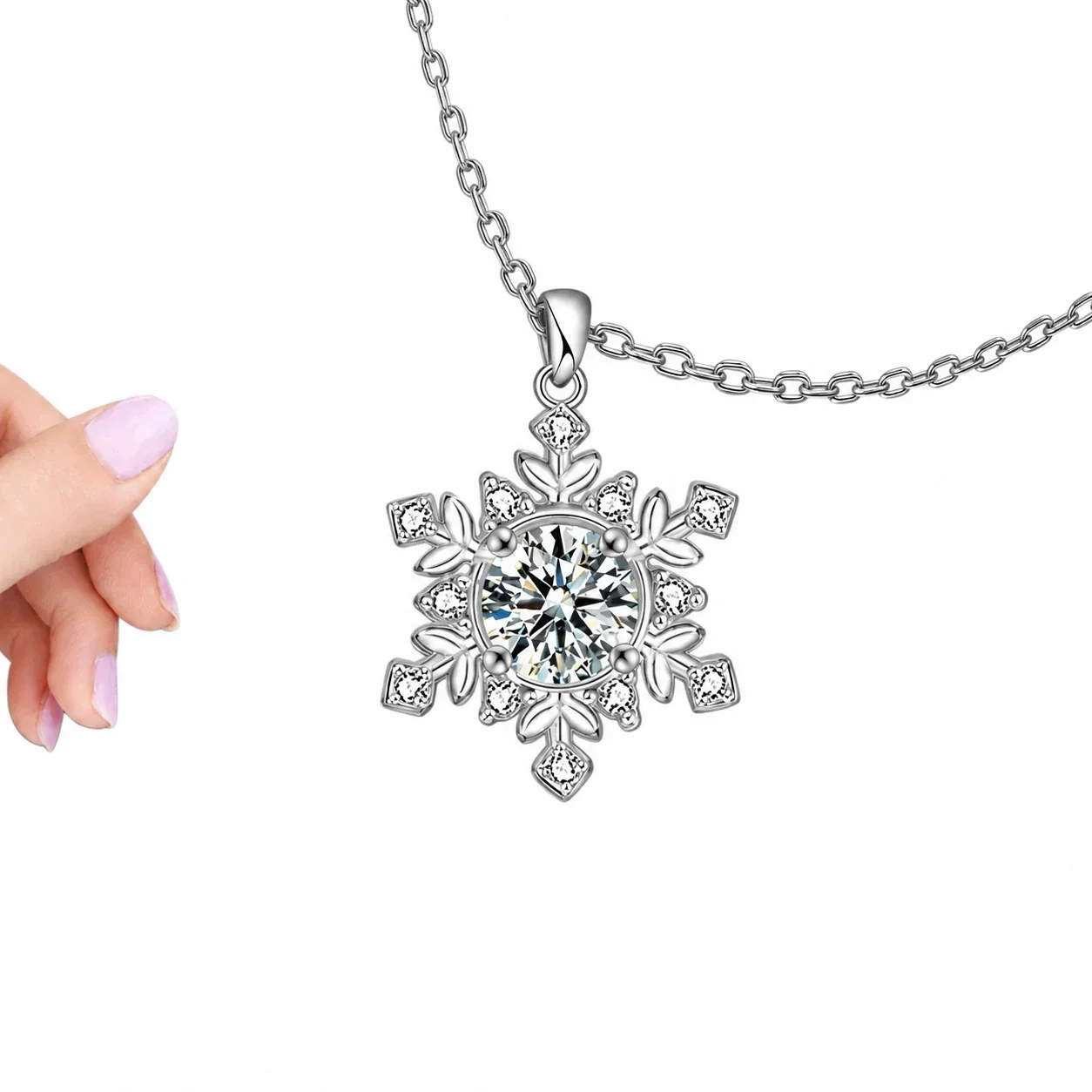 High-Polish Snowflake 925 Sterling Silver Prong-Set Necklace