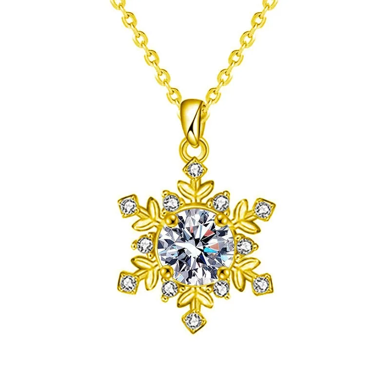 High-Polish Snowflake 925 Sterling Silver Prong-Set Necklace - Gold