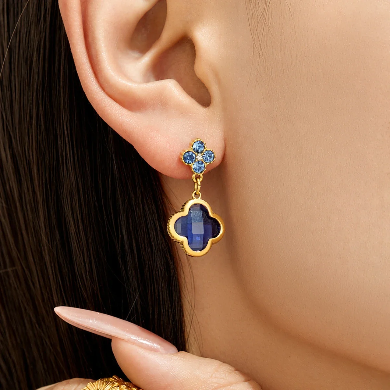 Ornate 18K Gold-Plated Clover Crystal Drop Earrings