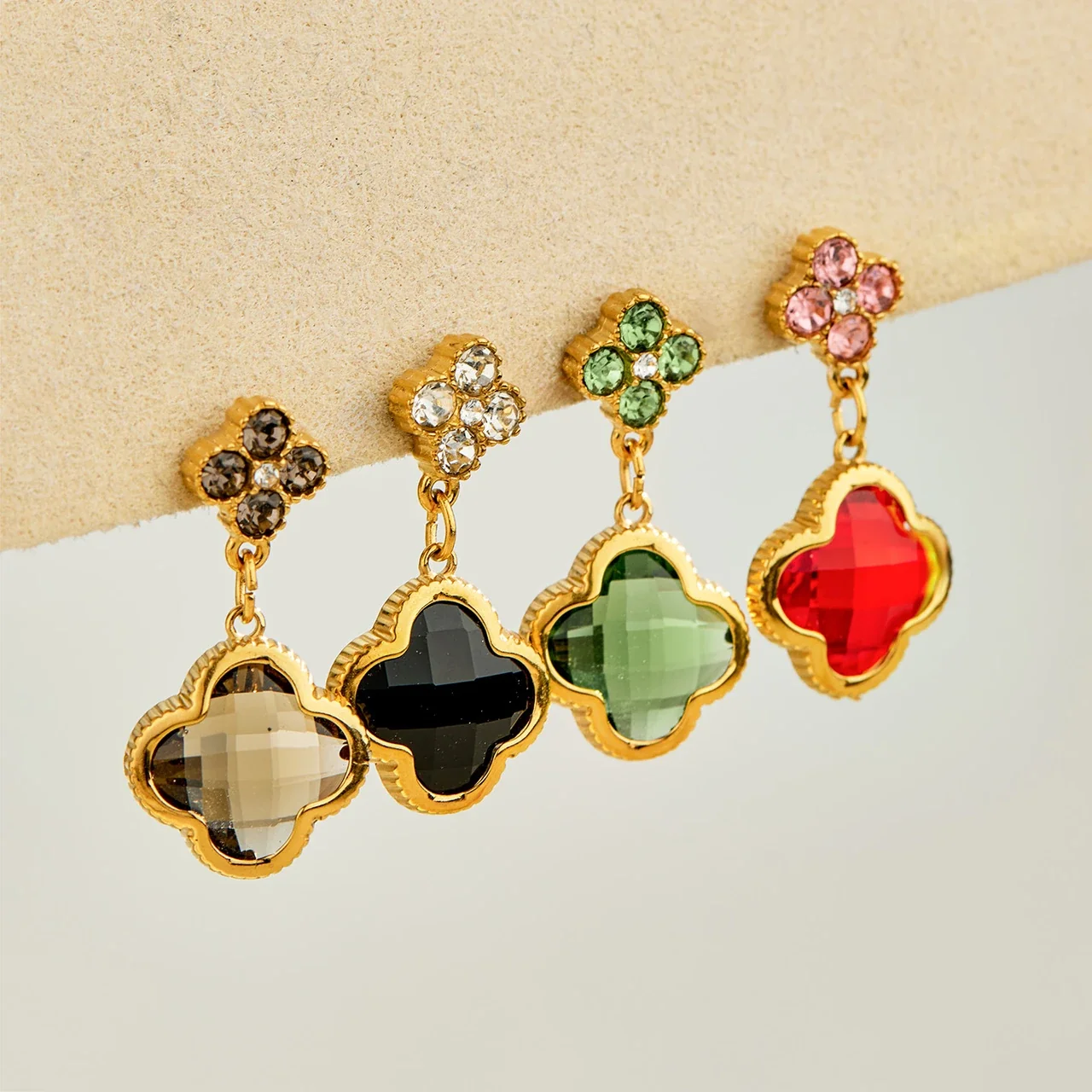Ornate 18K Gold-Plated Clover Crystal Drop Earrings