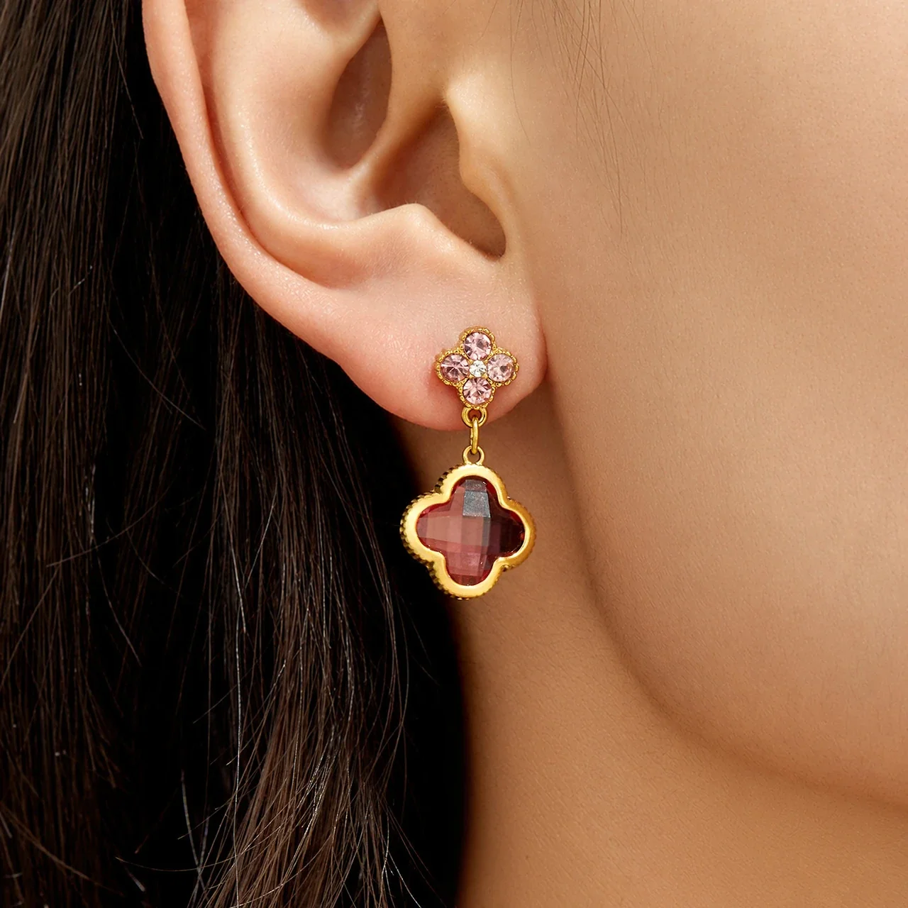 Ornate 18K Gold-Plated Clover Crystal Drop Earrings