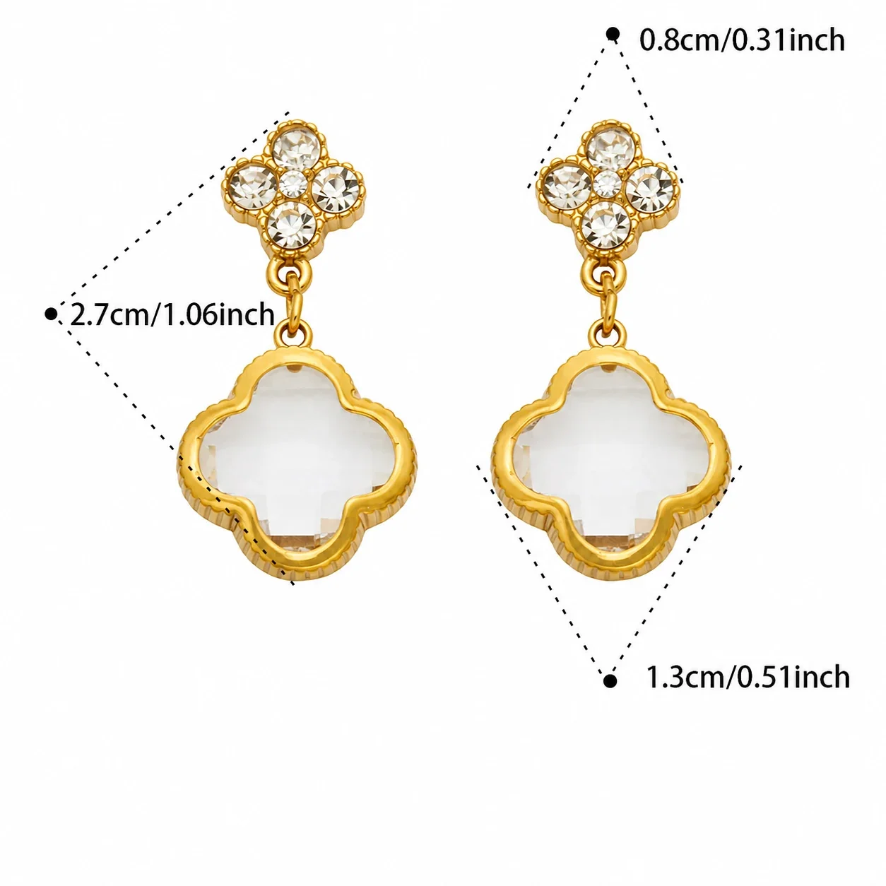 Ornate 18K Gold-Plated Clover Crystal Drop Earrings - Gold White Glass Crystal