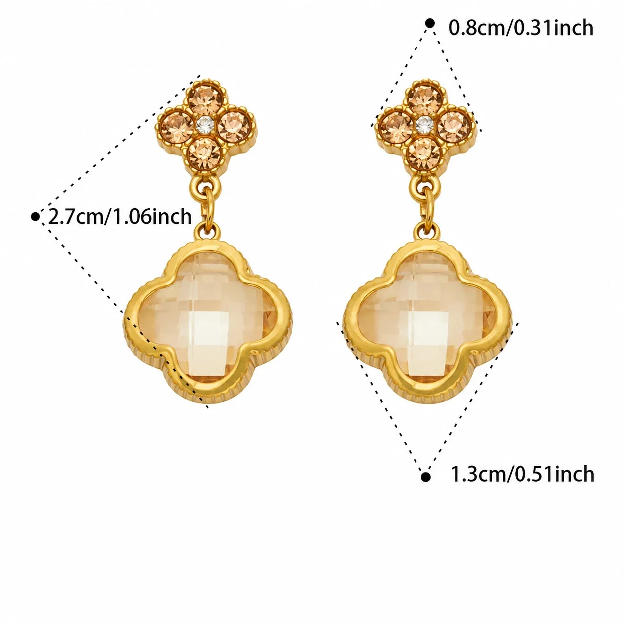 Ornate 18K Gold-Plated Clover Crystal Drop Earrings - Gold Champagne Glass Crystal