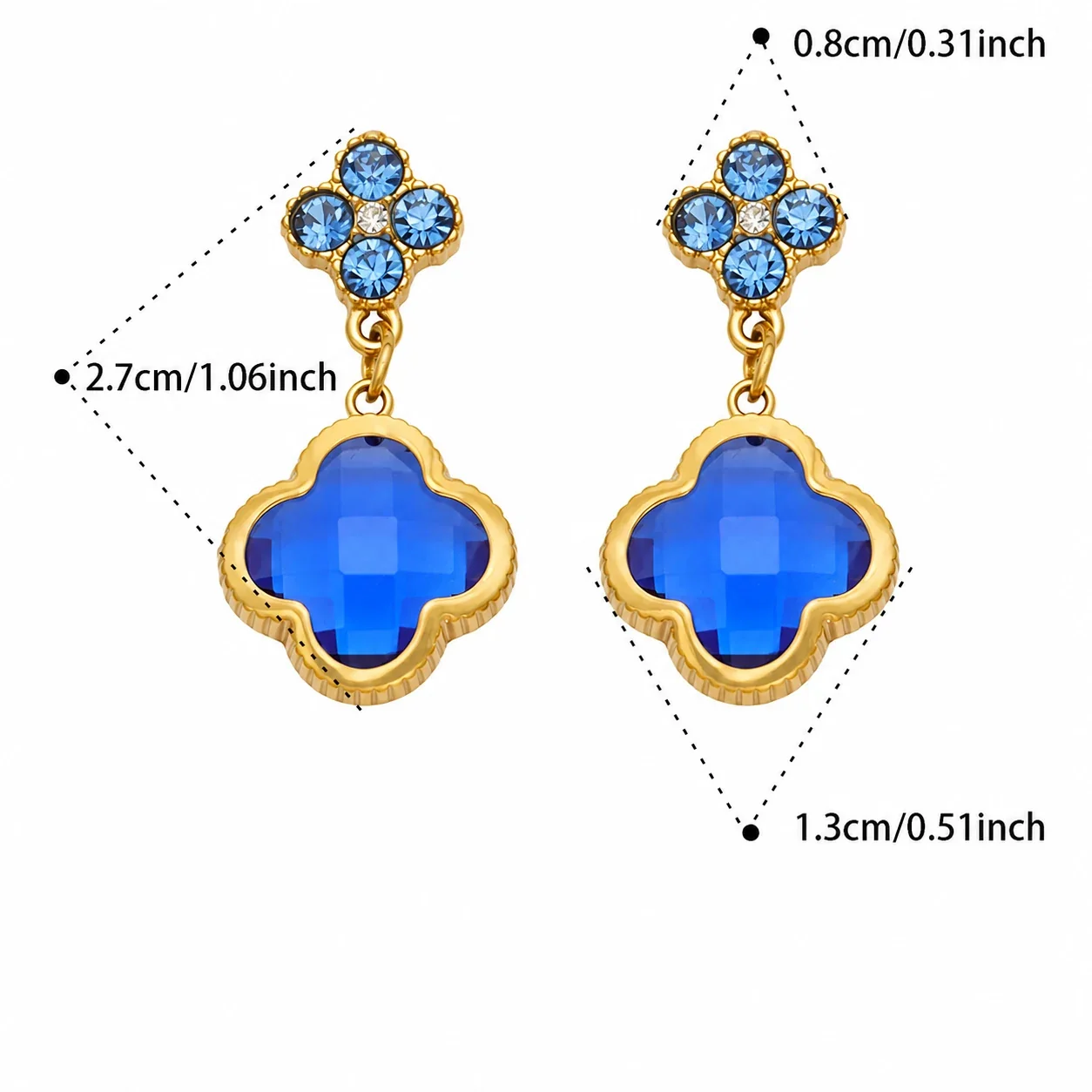 Ornate 18K Gold-Plated Clover Crystal Drop Earrings - Gold Blue Glass Crystal