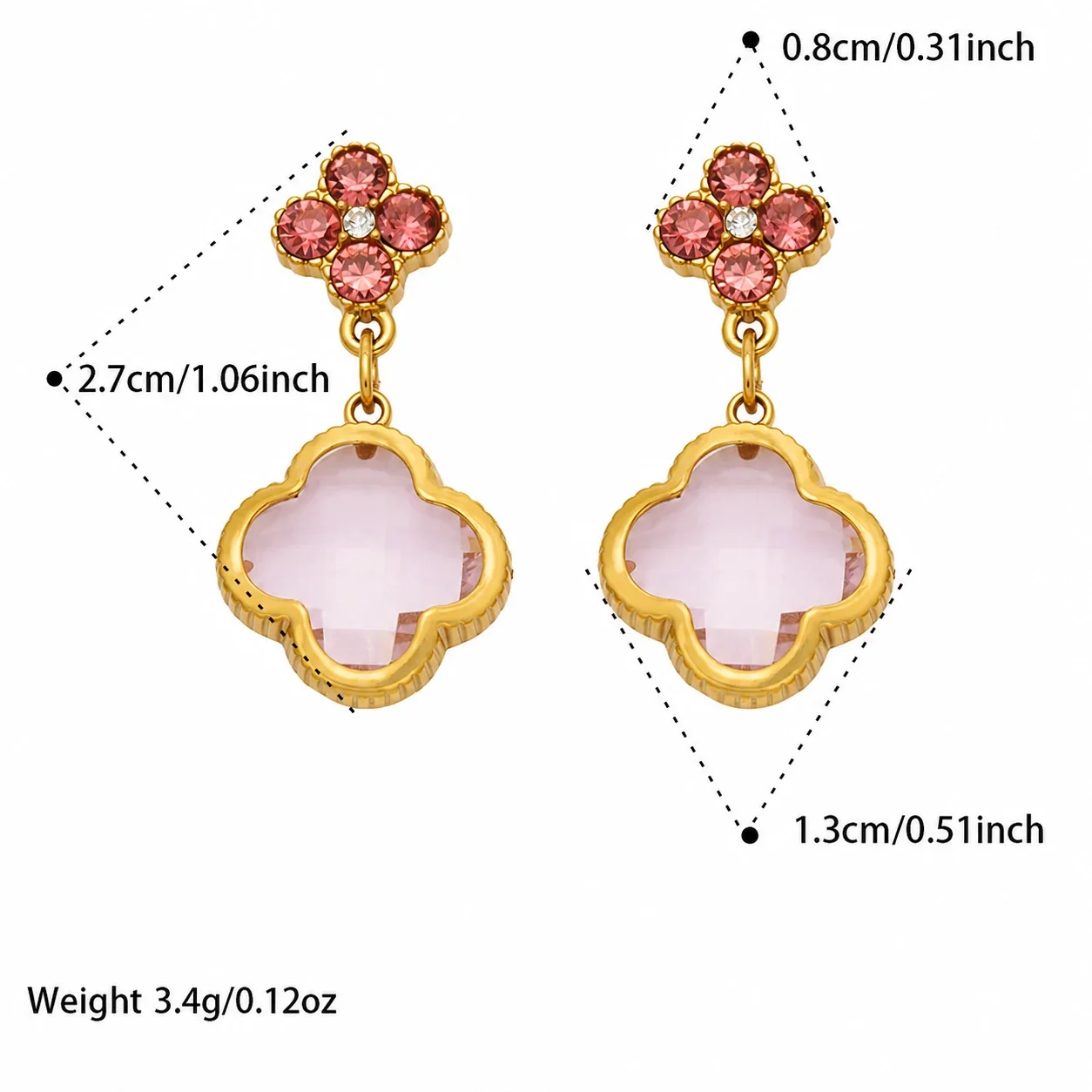 Ornate 18K Gold-Plated Clover Crystal Drop Earrings - Gold Pink Glass Crystal
