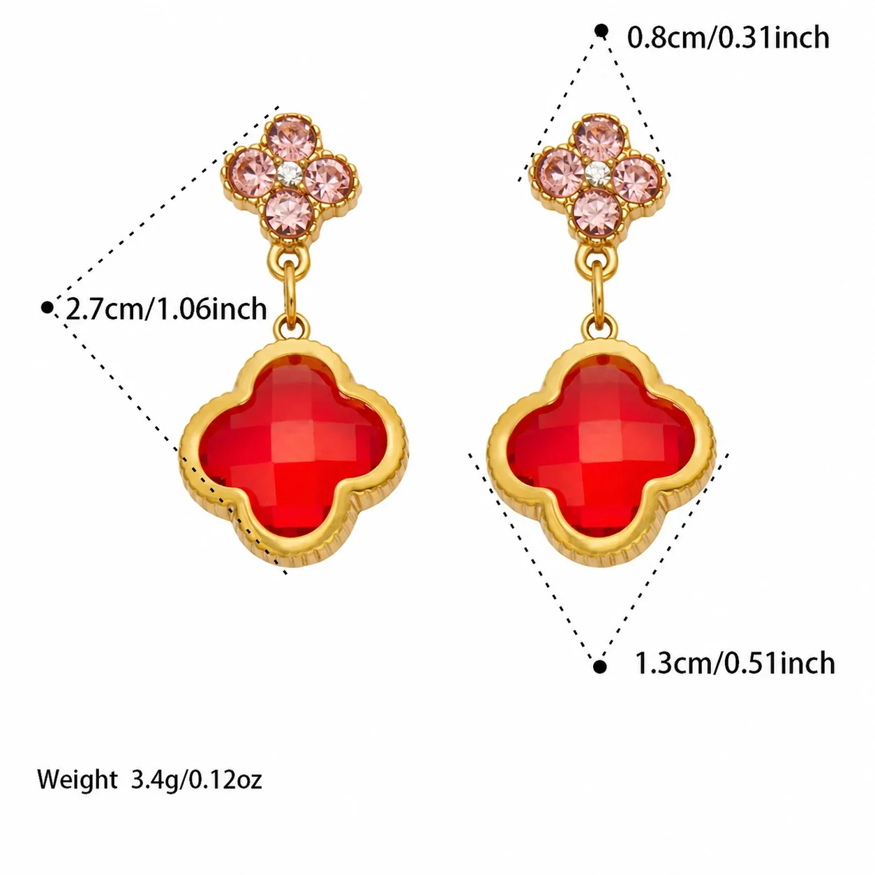 Ornate 18K Gold-Plated Clover Crystal Drop Earrings - Gold Red Glass Crystal
