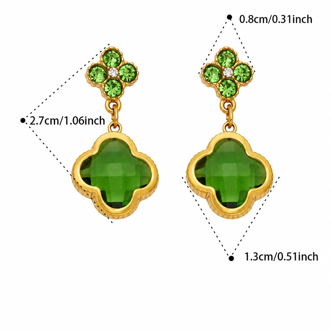 Ornate 18K Gold-Plated Clover Crystal Drop Earrings - Gold Green Glass Crystal