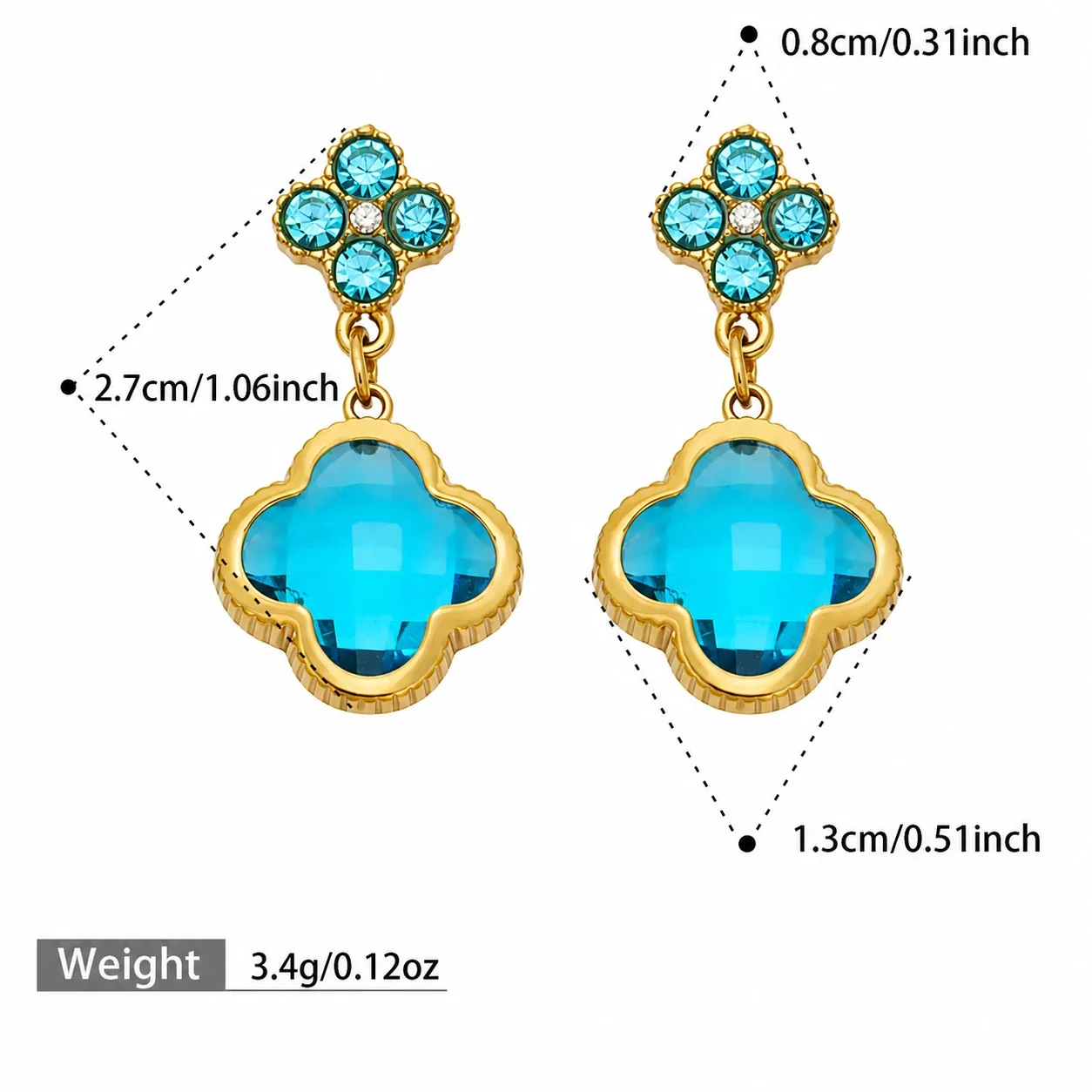 Ornate 18K Gold-Plated Clover Crystal Drop Earrings - Gold Light Blue Glass Crystal