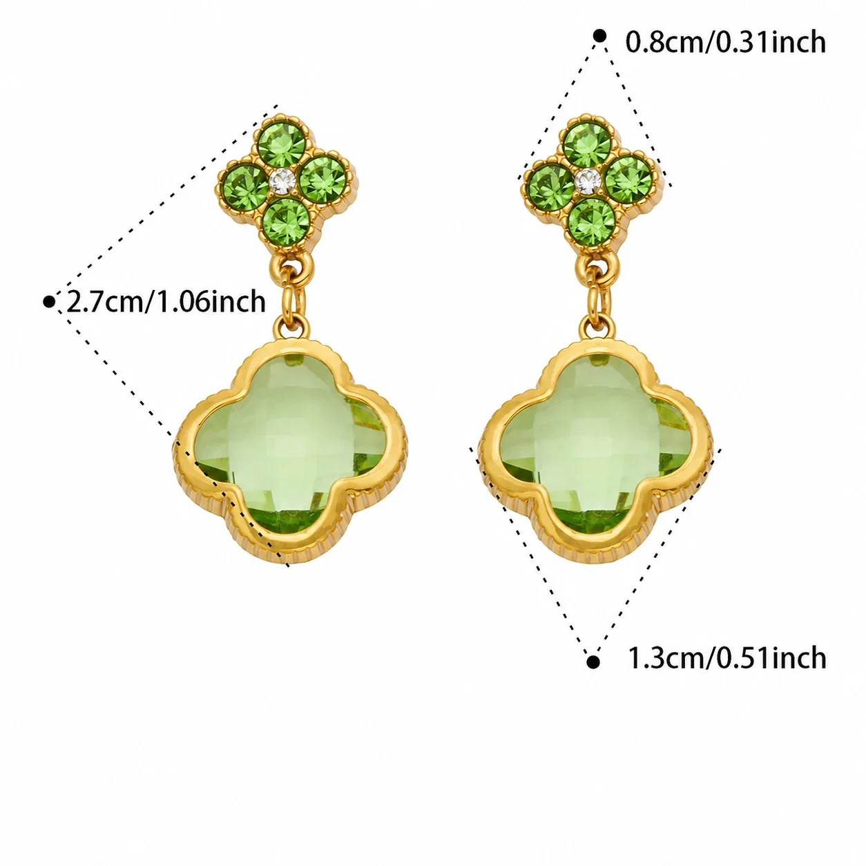 Ornate 18K Gold-Plated Clover Crystal Drop Earrings - Gold Light Green Glass Crystal