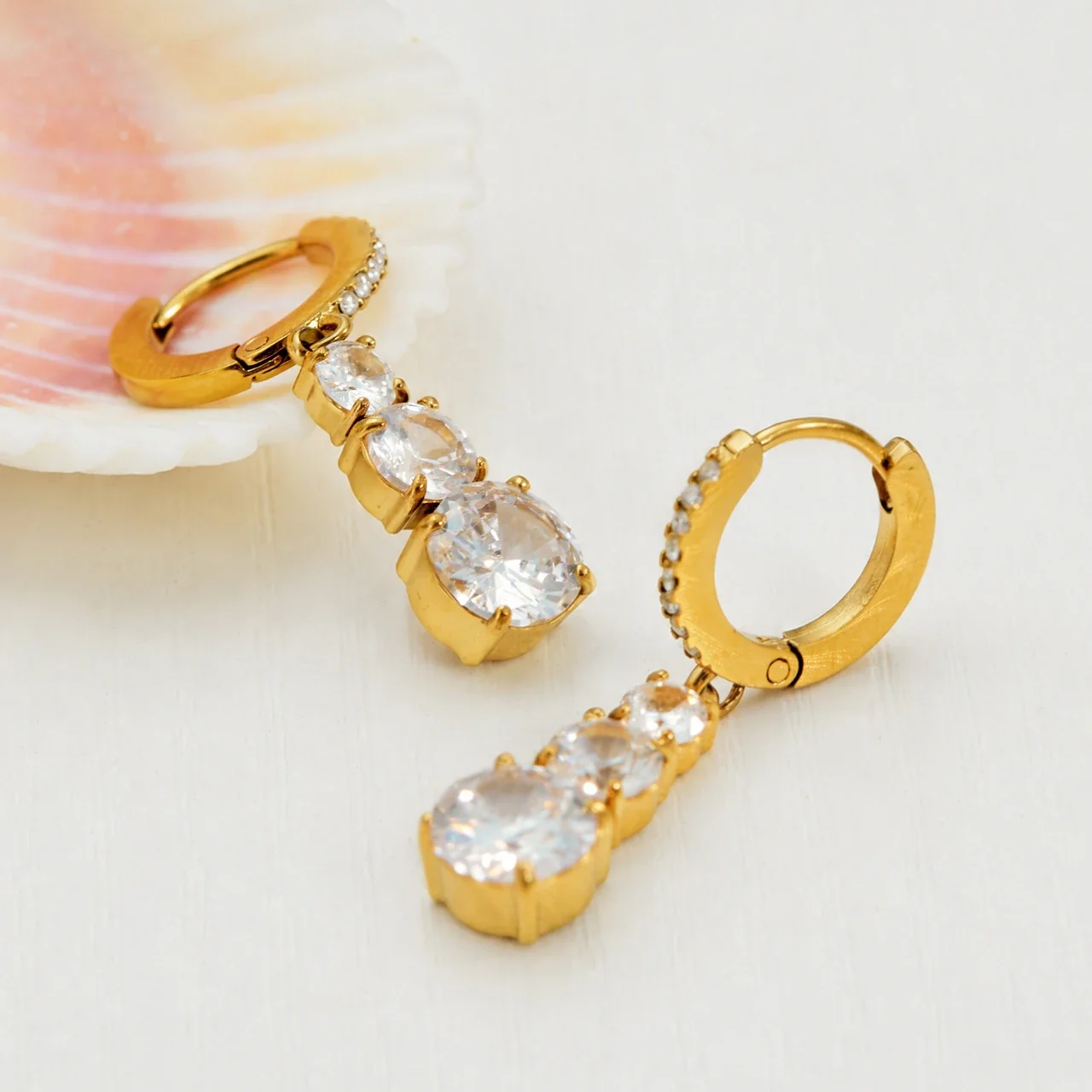 Radiant CZ Pavé Hoop Gold-Plated Stainless Steel Drop Earrings