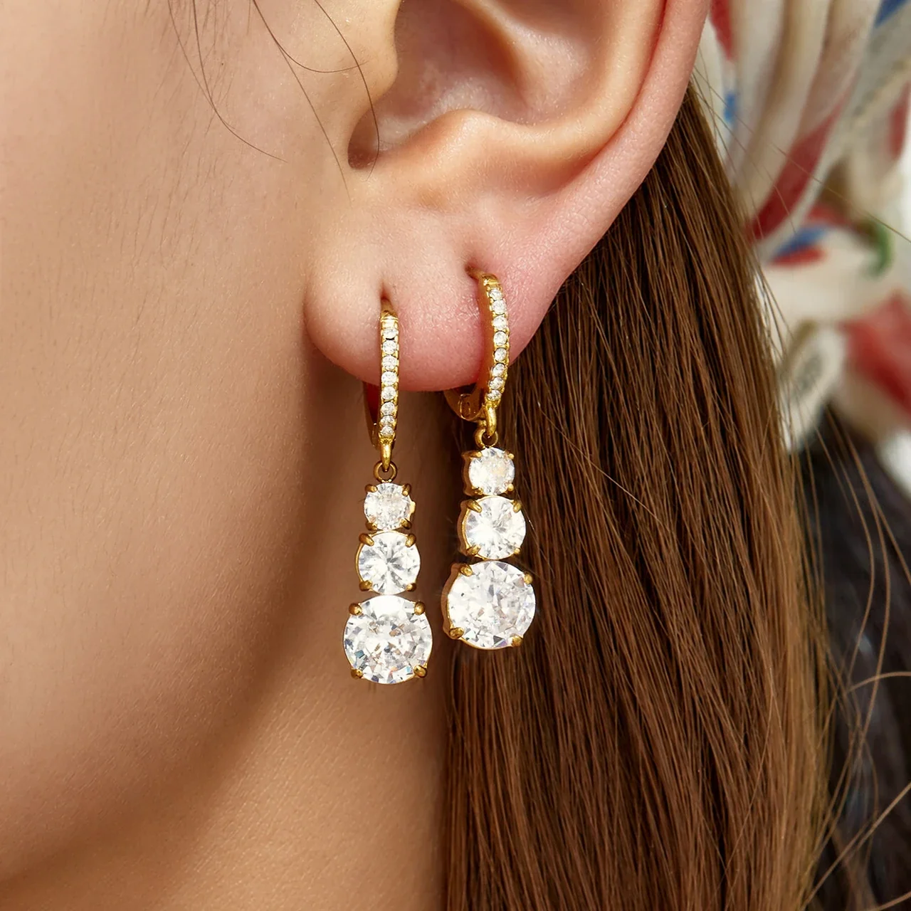 Radiant CZ Pavé Hoop Gold-Plated Stainless Steel Drop Earrings
