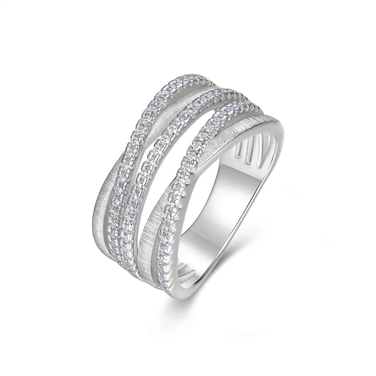 A wide brushed 925 sterling silver ring with three crossing bands lined with small pavé moissanite stones, on a white background