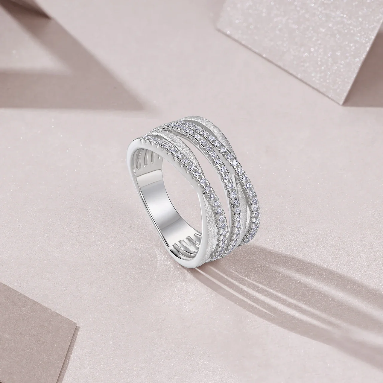 Brushed Triple-Band Pavé Moissanite 925 Sterling Silver Ring