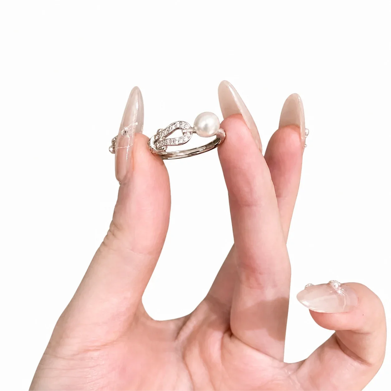 Refined Silver-Plated Pavé Link Pearl Open Ring