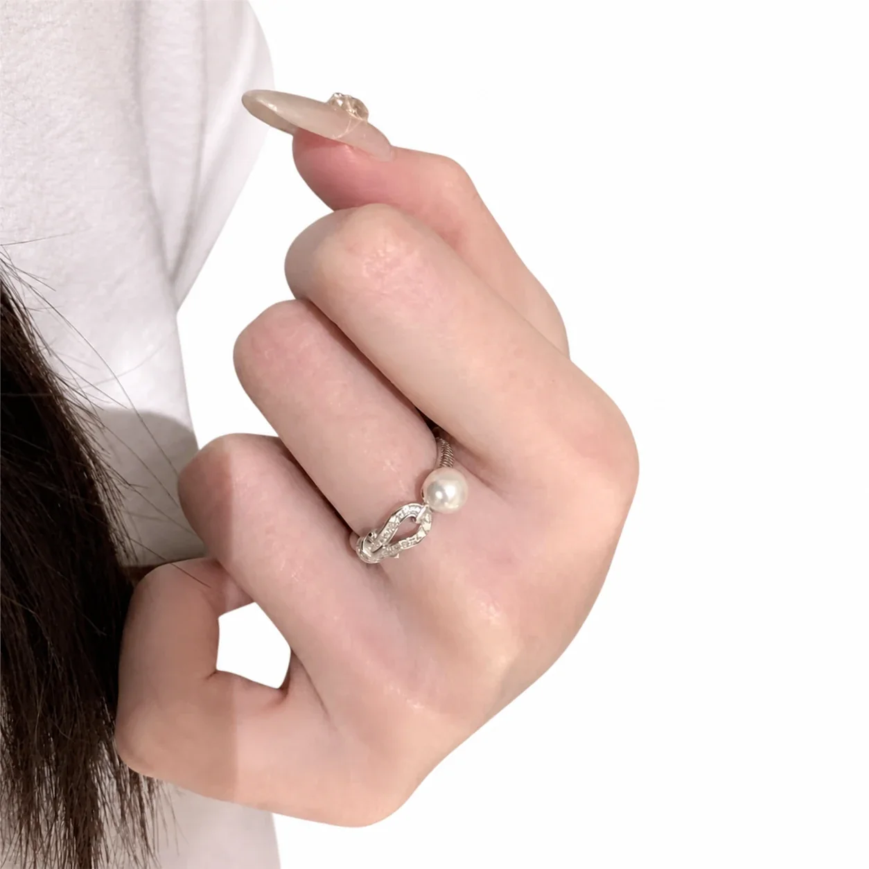Refined Silver-Plated Pavé Link Pearl Open Ring