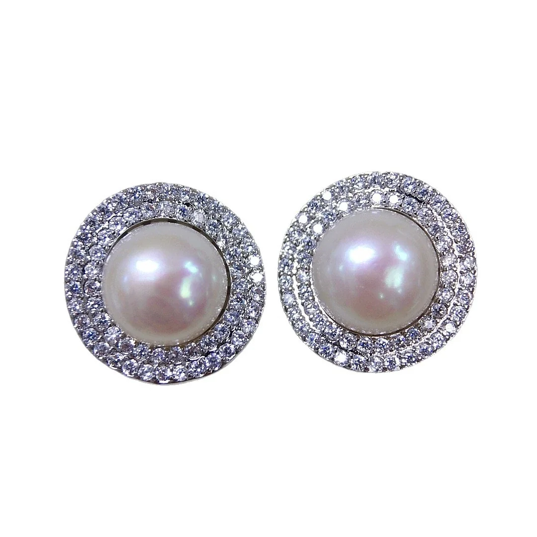 Lustrous Silver-Plated Pavé Halo Freshwater Pearl Stud Earrings
