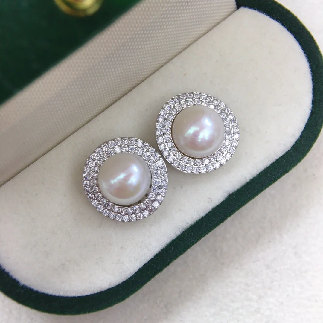 Lustrous Silver-Plated Pavé Halo Freshwater Pearl Stud Earrings