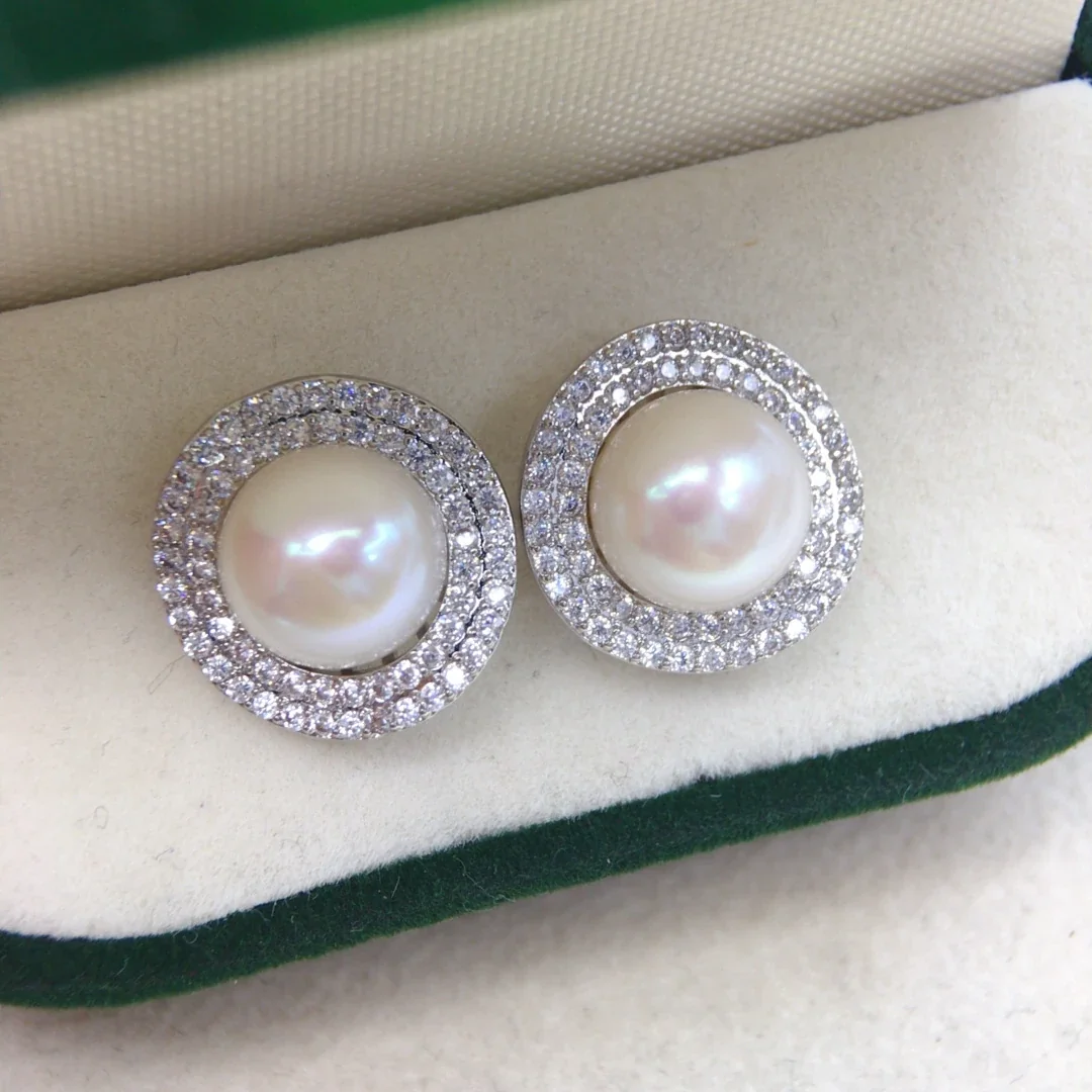 Lustrous Silver-Plated Pavé Halo Freshwater Pearl Stud Earrings