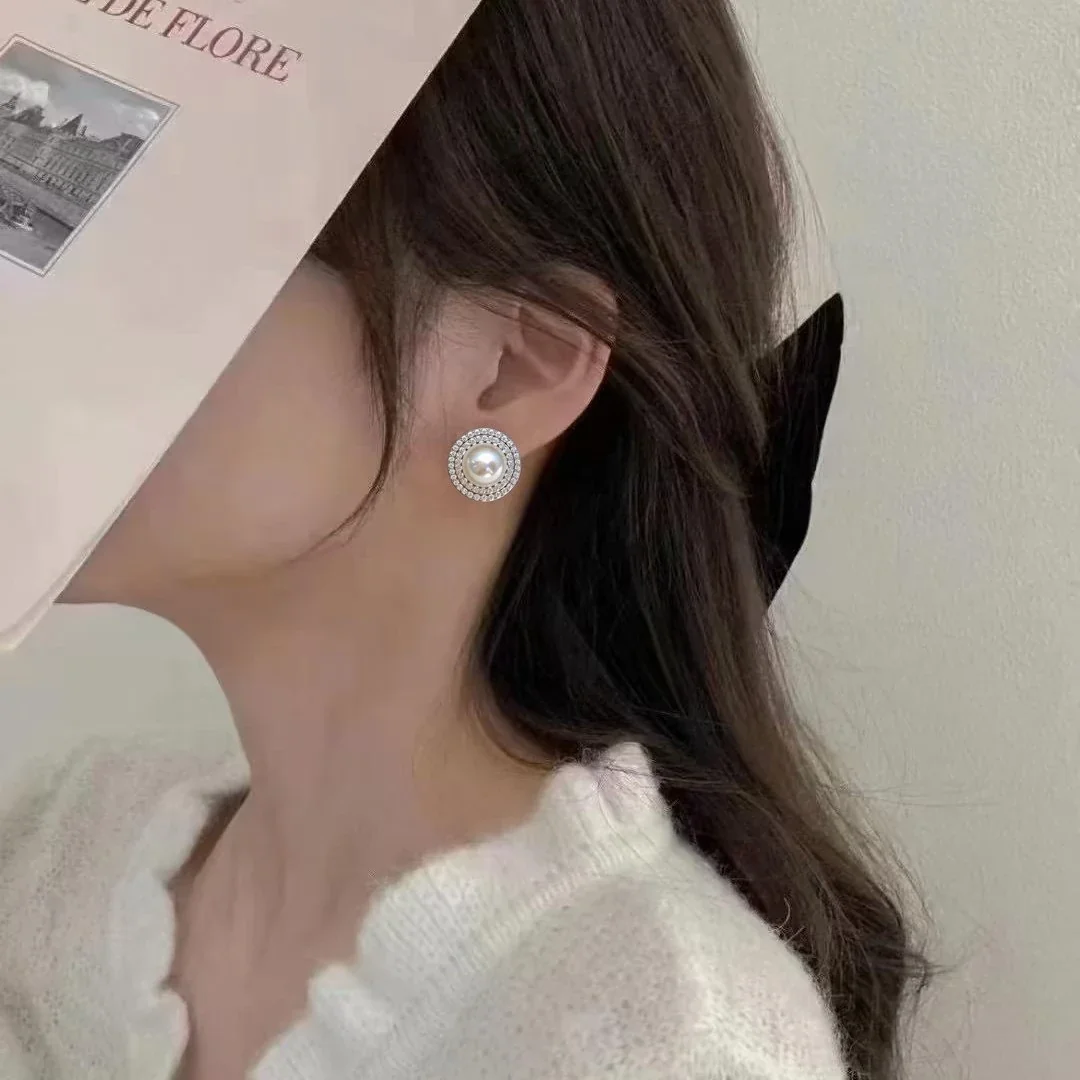 Lustrous Silver-Plated Pavé Halo Freshwater Pearl Stud Earrings