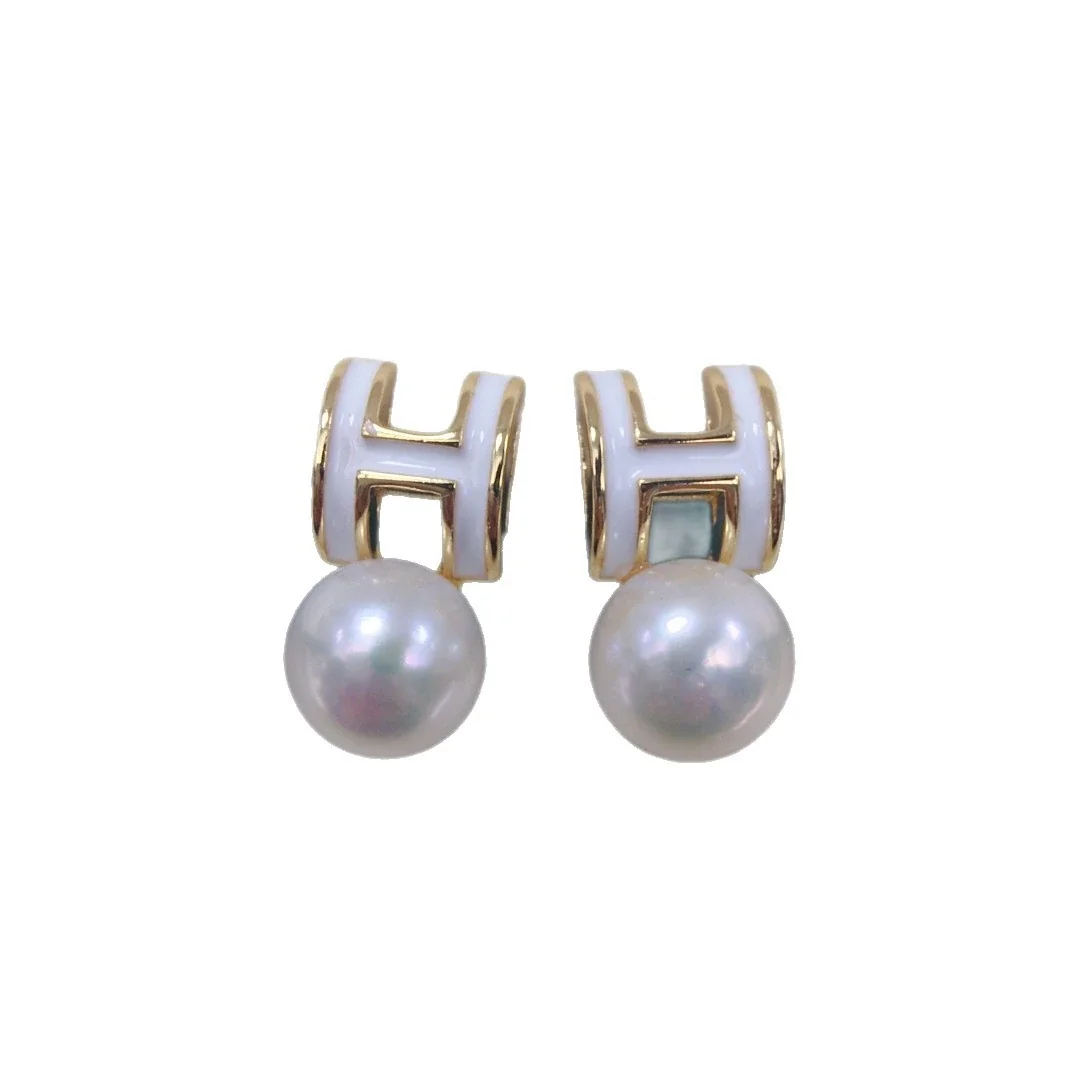 Polished Gold-Plated H Motif Freshwater Pearl Stud Earrings