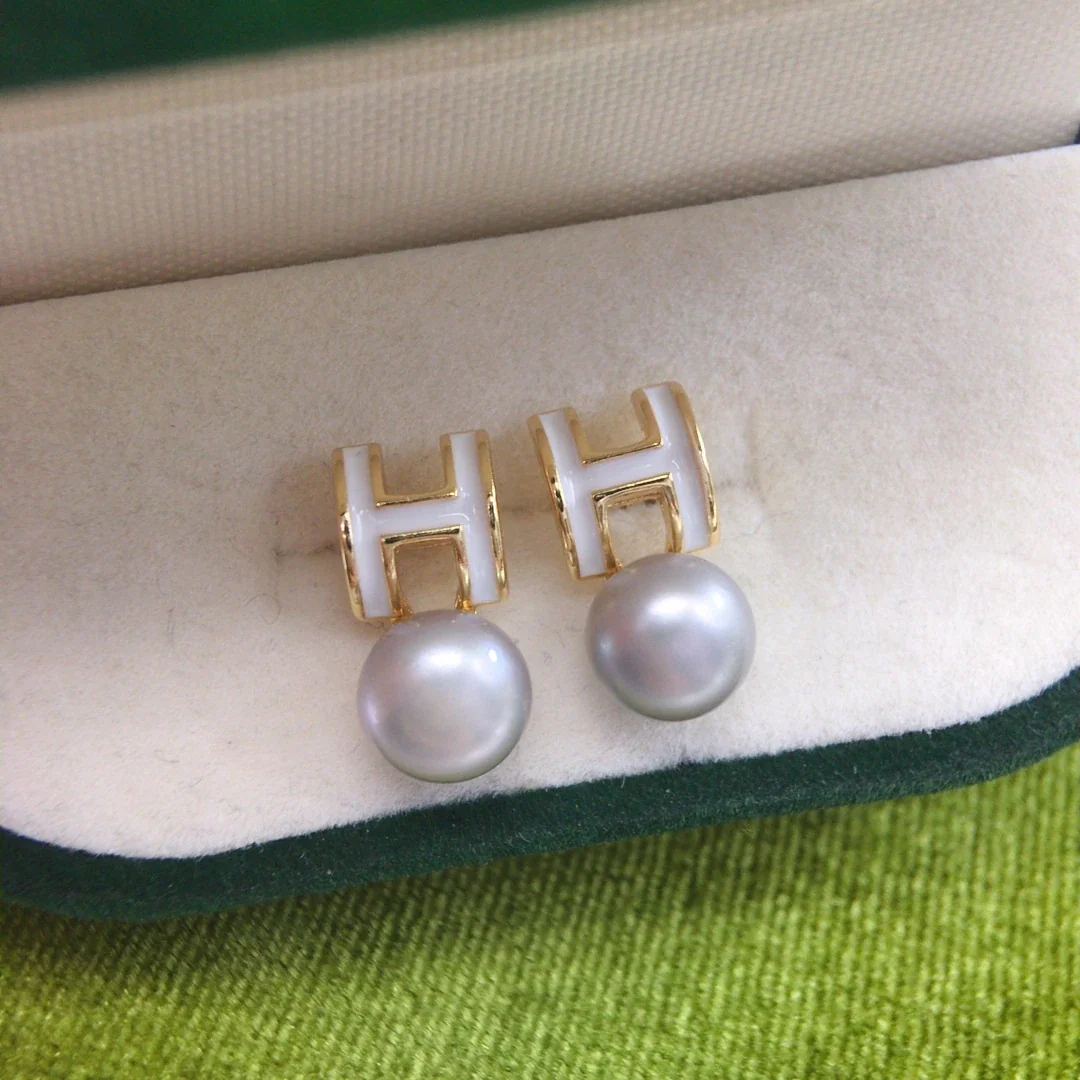 Polished Gold-Plated H Motif Freshwater Pearl Stud Earrings