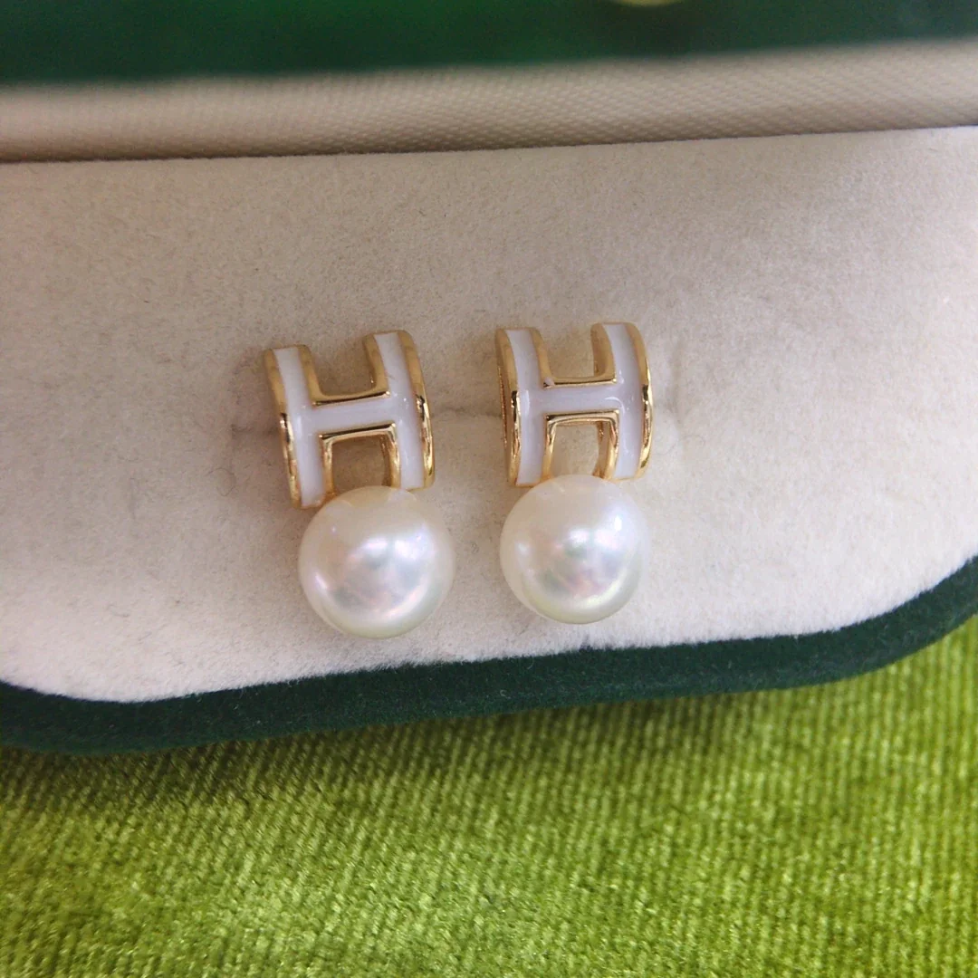 Polished Gold-Plated H Motif Freshwater Pearl Stud Earrings