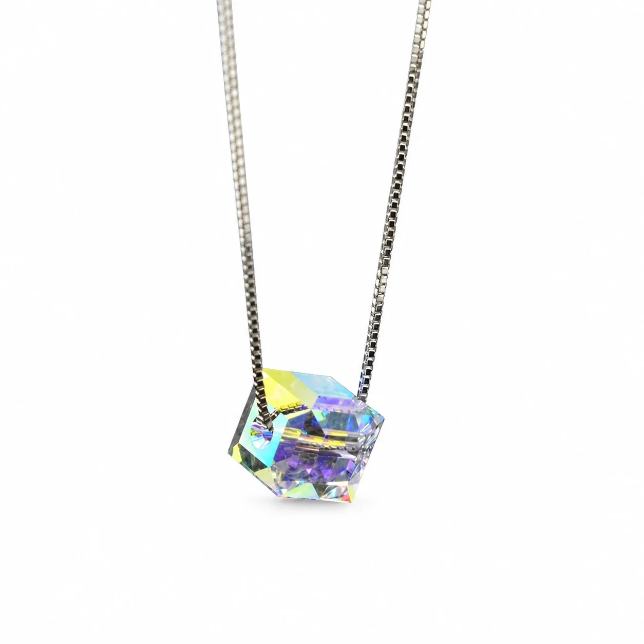 Iridescent 925 Sterling Silver Cube Box Chain Necklace