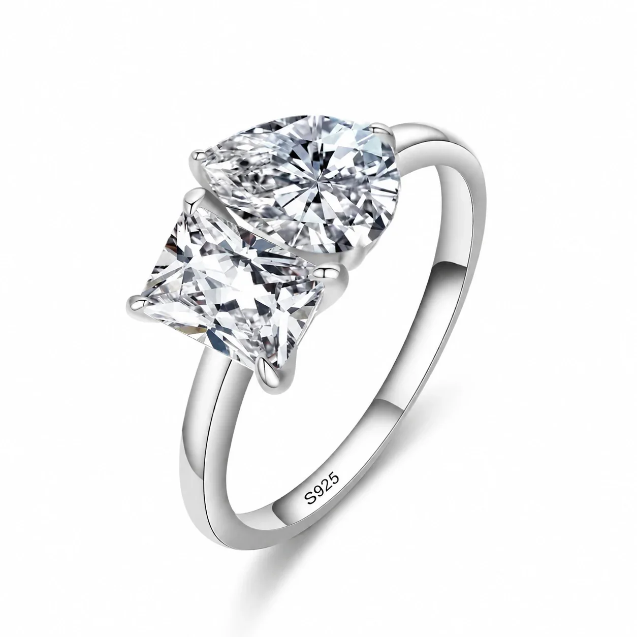 Asymmetrical 925 Sterling Silver Pear & Princess Moissanite Ring