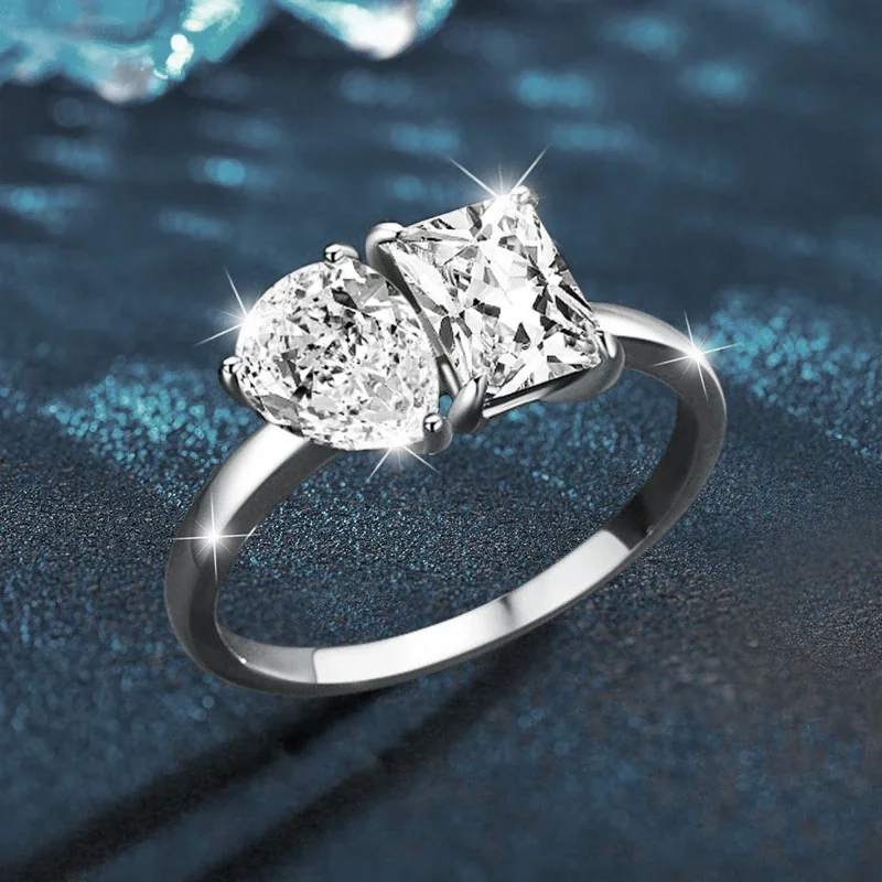 Asymmetrical 925 Sterling Silver Pear & Princess Moissanite Ring