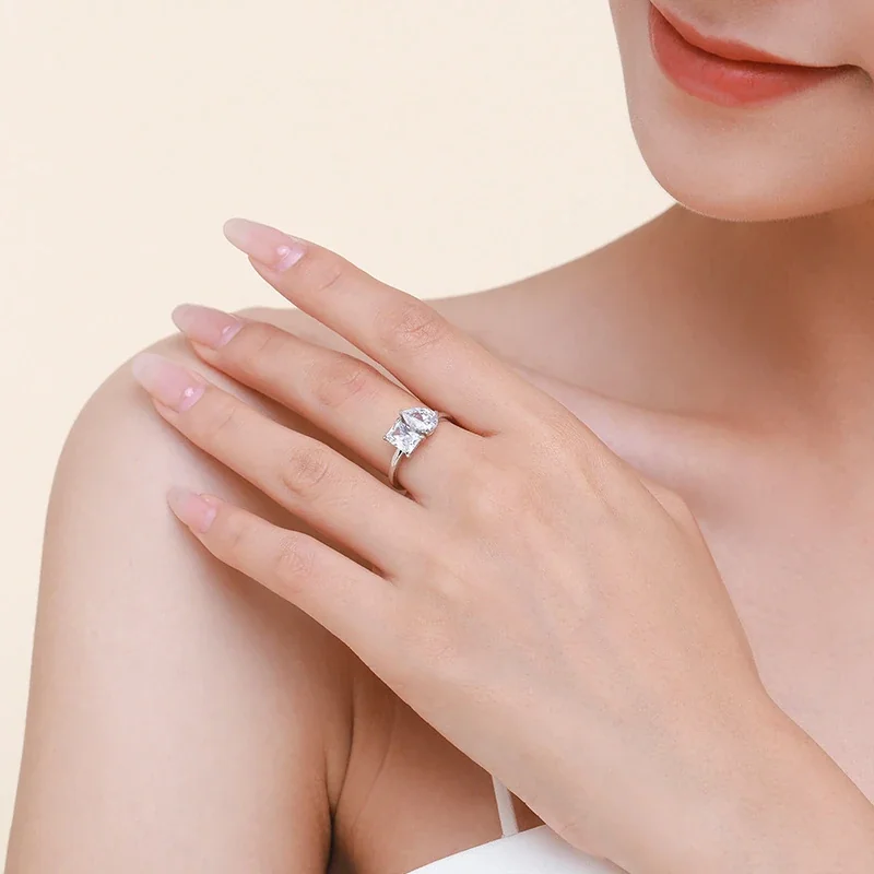 Asymmetrical 925 Sterling Silver Pear & Princess Moissanite Ring