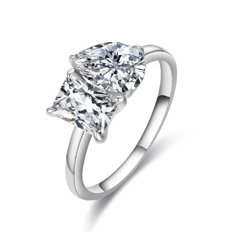 Asymmetrical 925 Sterling Silver Pear & Princess Moissanite Ring - Silver