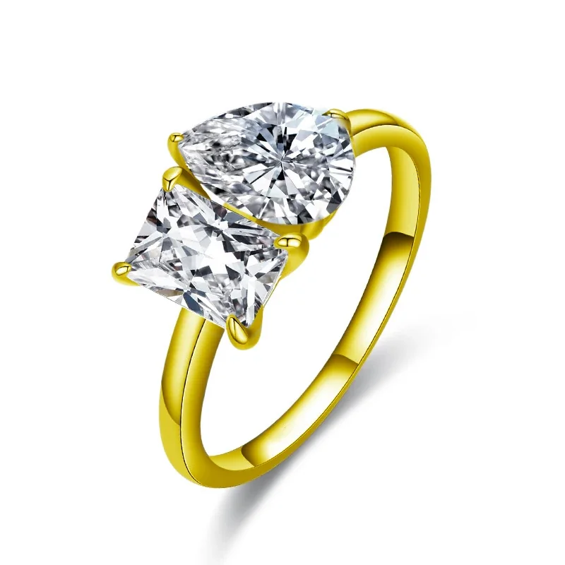 Asymmetrical 925 Sterling Silver Pear & Princess Moissanite Ring - Gold