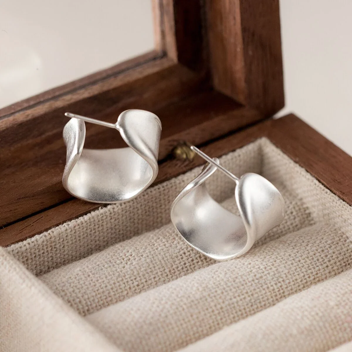 Sculptural Silver-Plated Folded Wide Copper Hoop Earrings