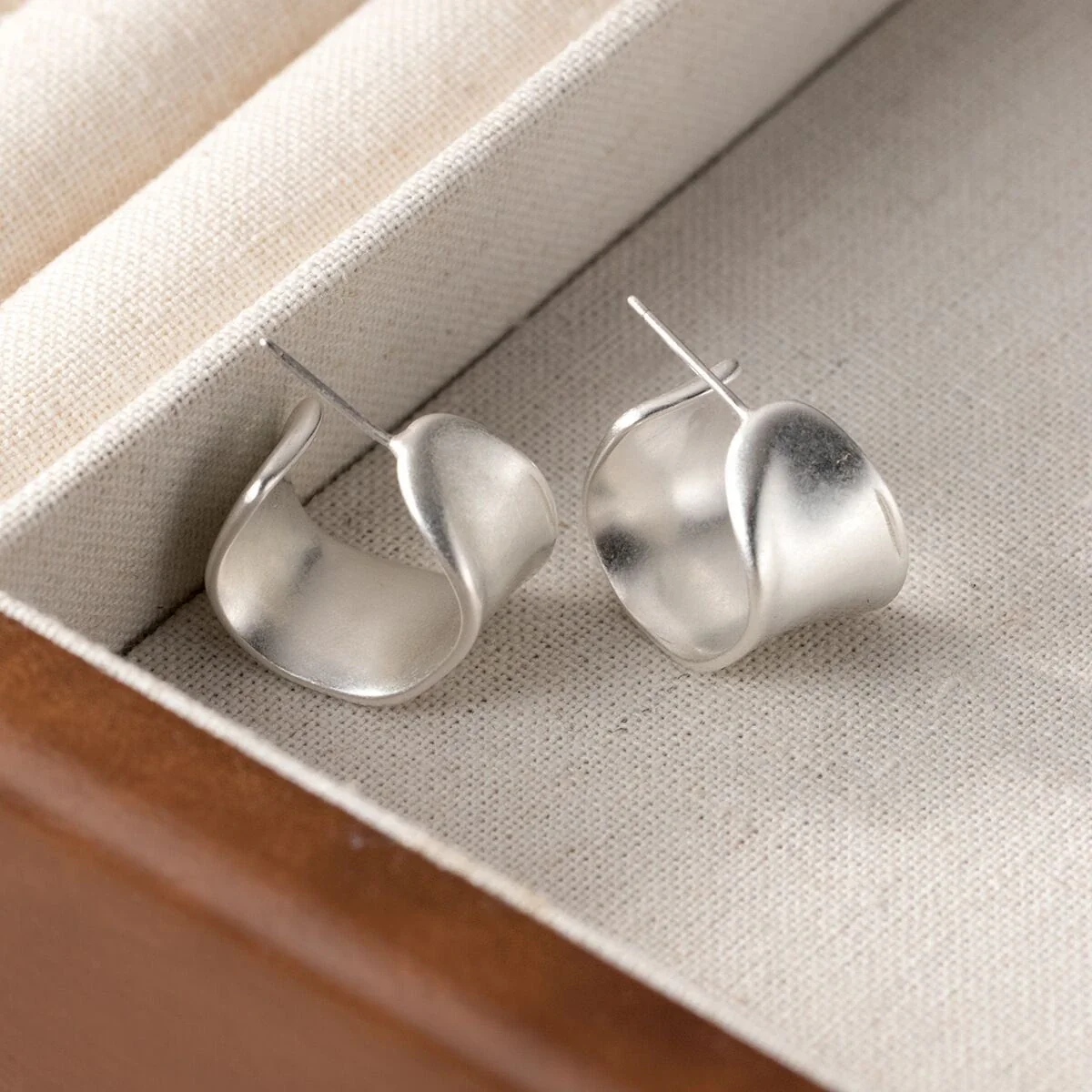 Sculptural Silver-Plated Folded Wide Copper Hoop Earrings