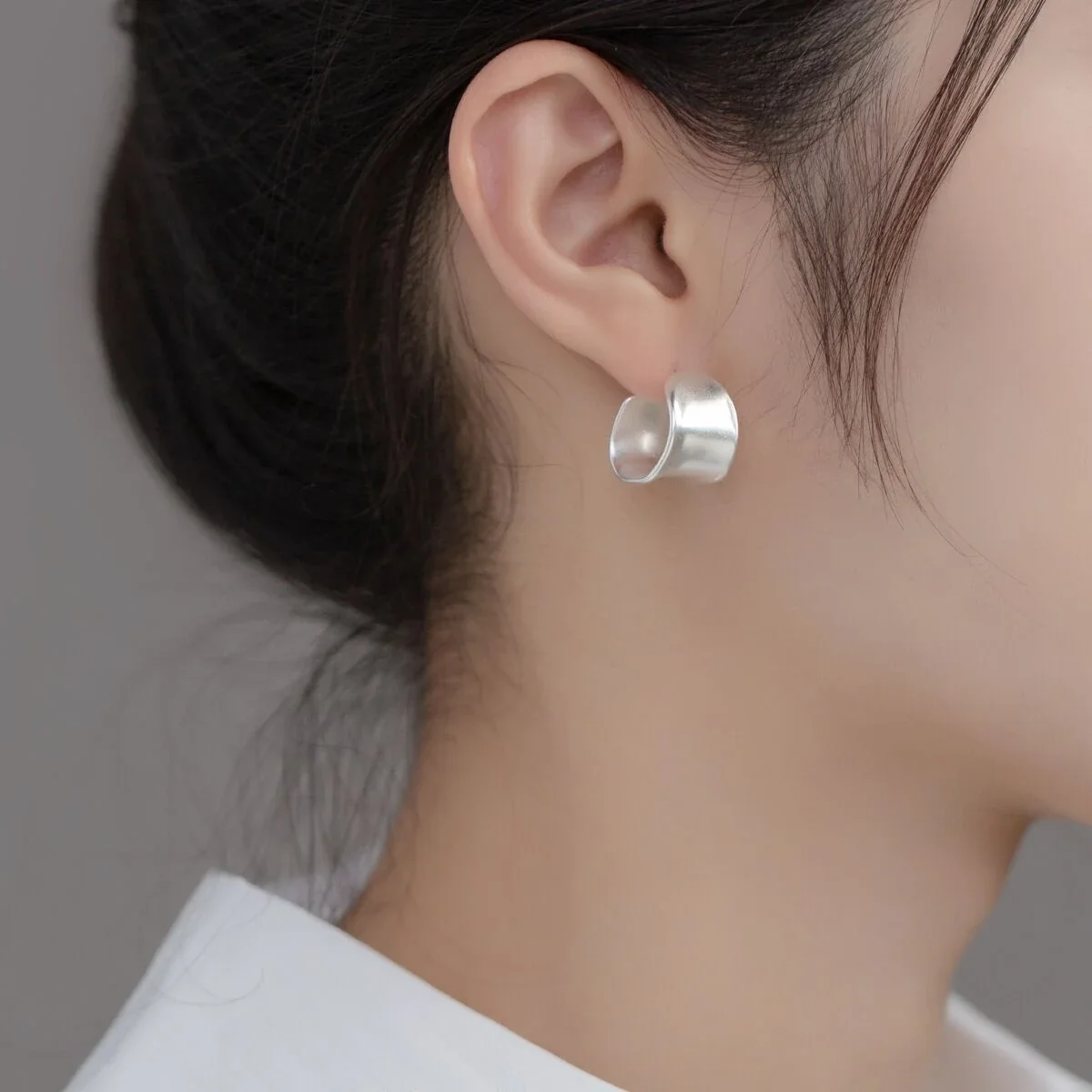 Sculptural Silver-Plated Folded Wide Copper Hoop Earrings