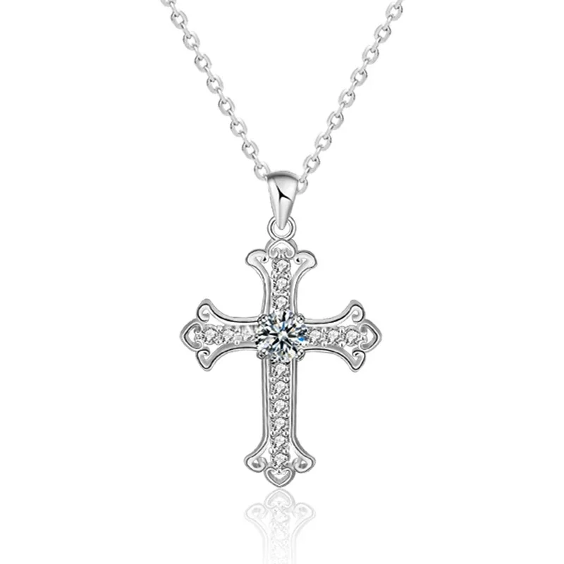 Ornate Cross Round Moissanite 925 Sterling Silver Necklace