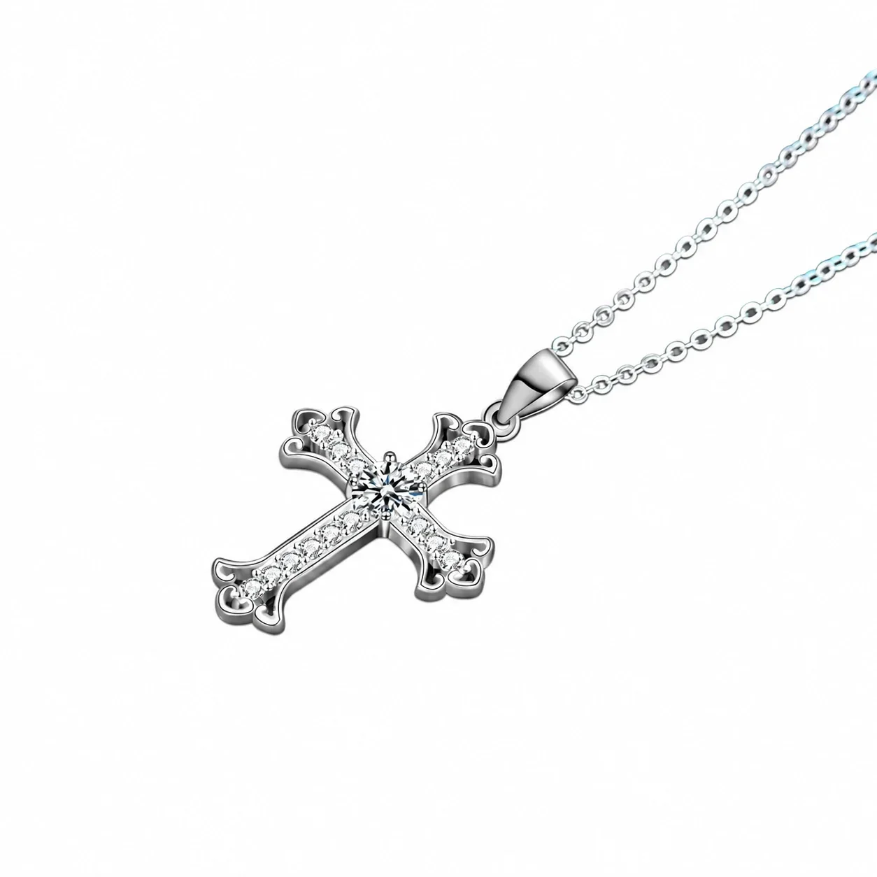 Ornate Cross Round Moissanite 925 Sterling Silver Necklace