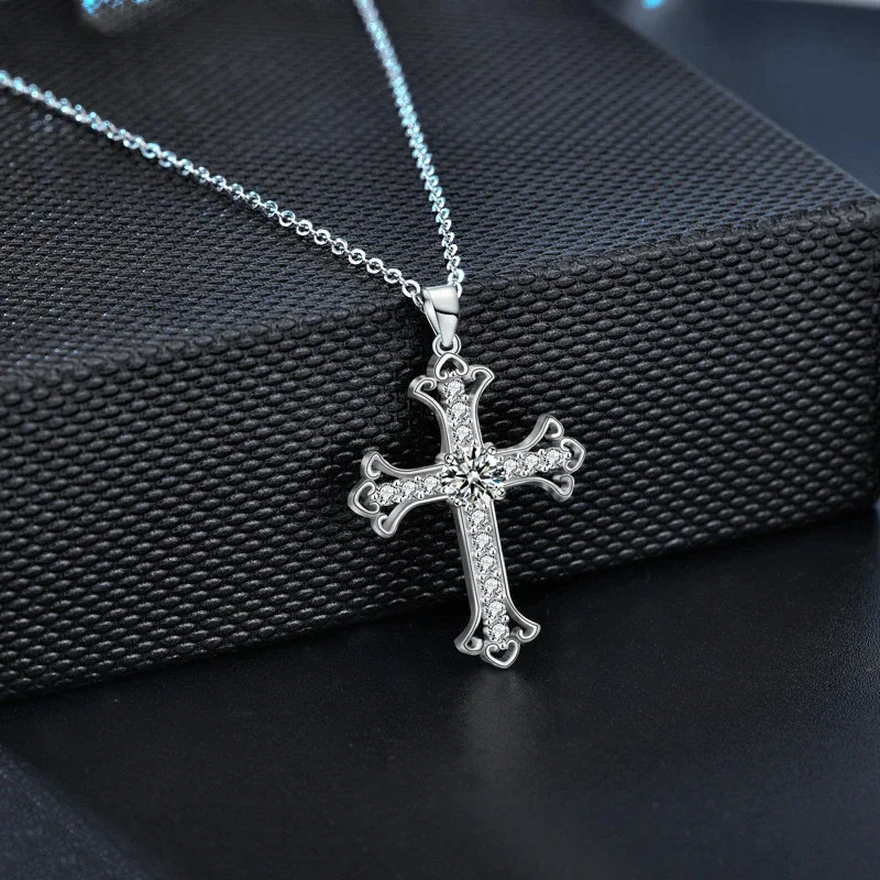 Ornate Cross Round Moissanite 925 Sterling Silver Necklace