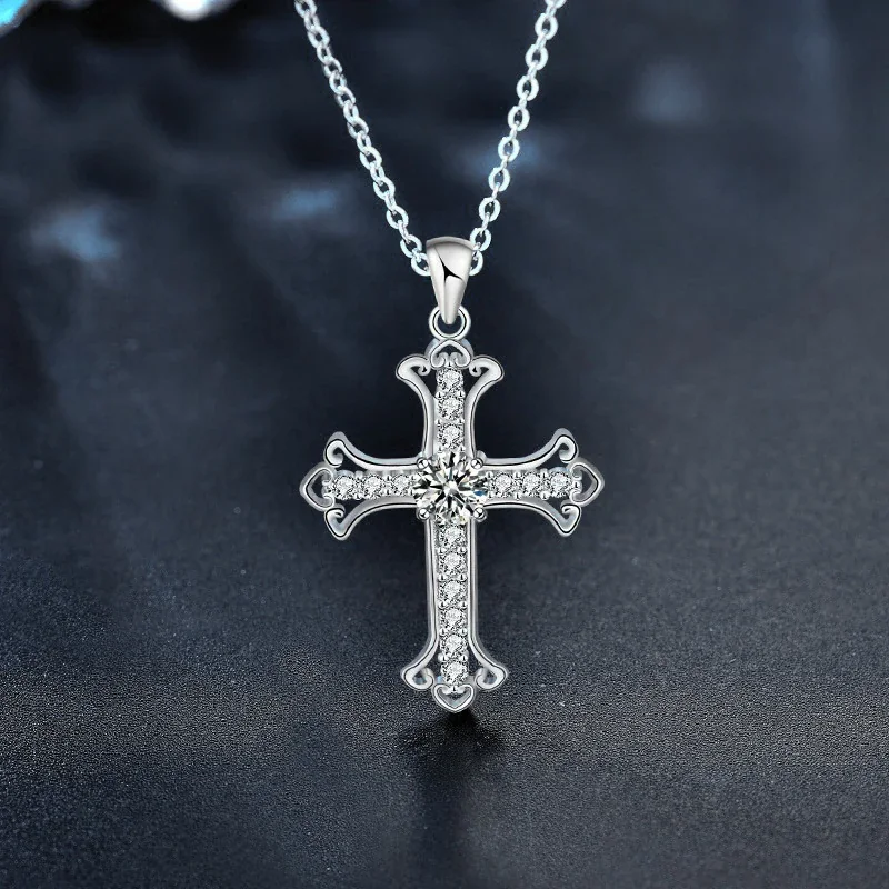 Ornate Cross Round Moissanite 925 Sterling Silver Necklace
