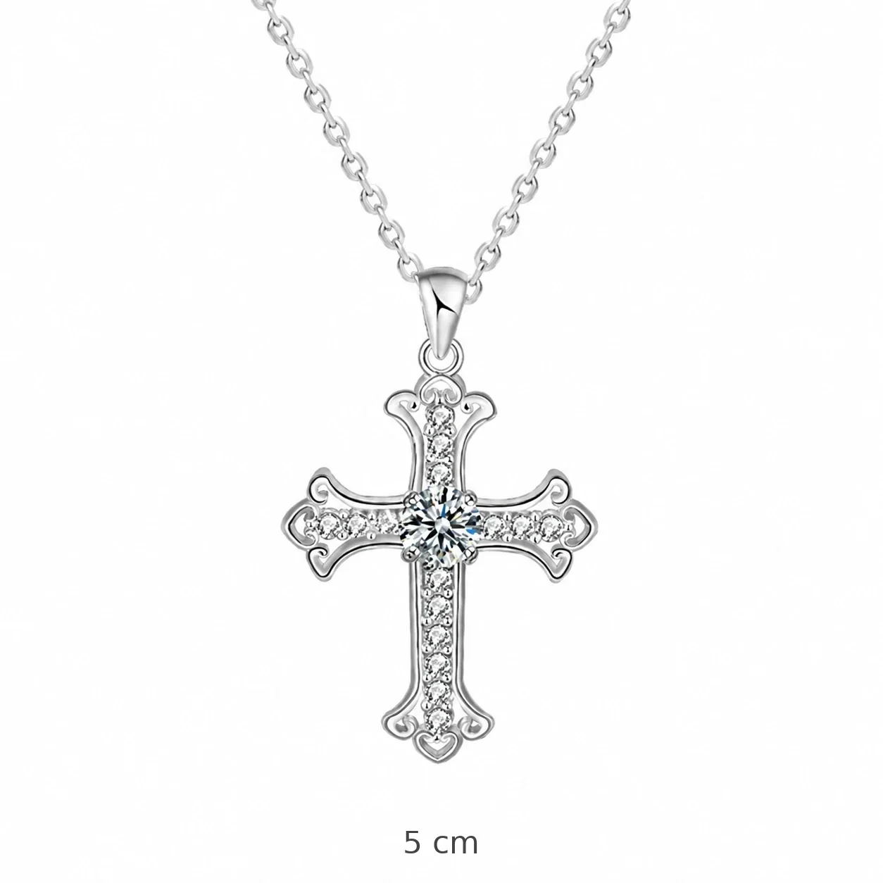 Ornate Cross Round Moissanite 925 Sterling Silver Necklace - Silver