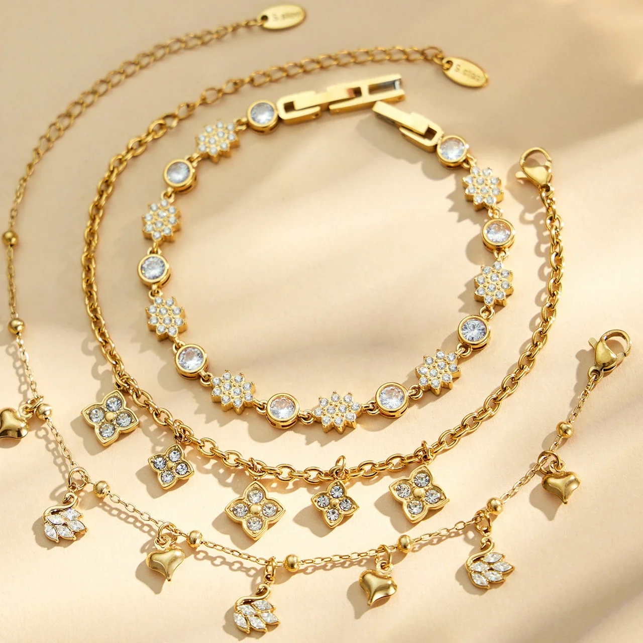 Ornate CZ Flower Station 18K Gold-Plated Bracelet